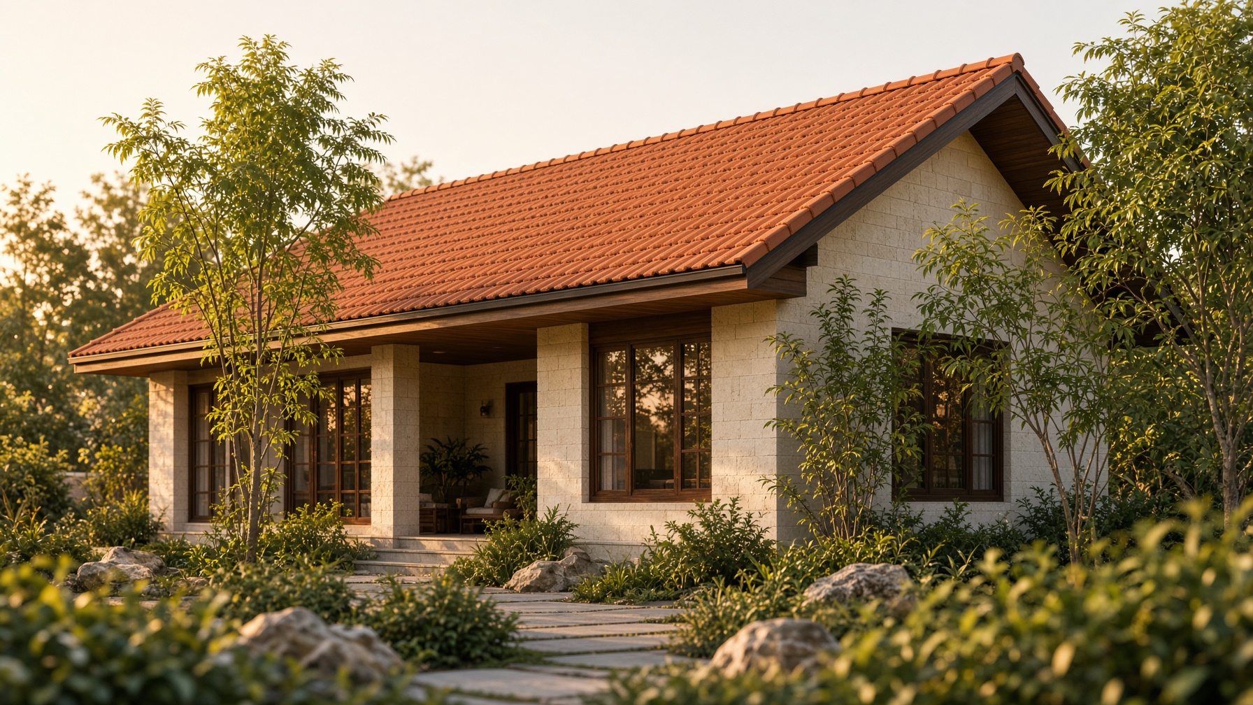 Contemporary Hyderabad villa with a terracotta tile-profile roof at golden hour